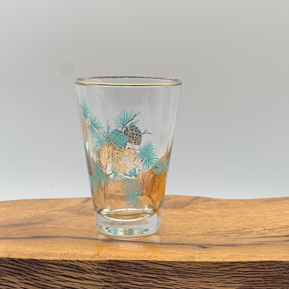 Libbey‎ Gold Turquoise Pinecone Glass Tumbler MCM Barware